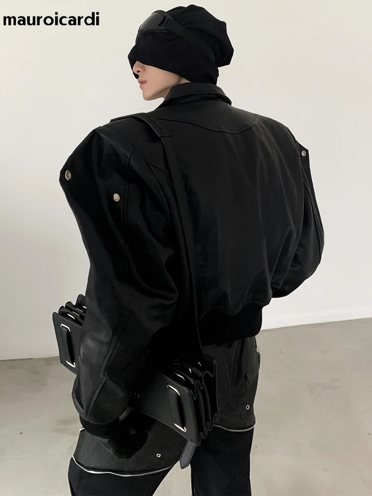 Mauroicardi Spring 2025 Autumn Cool Handsome Short Oversized Black Pu Leather Jacket new Men with Shoulder Pads Long Sleeve Zipper 2023