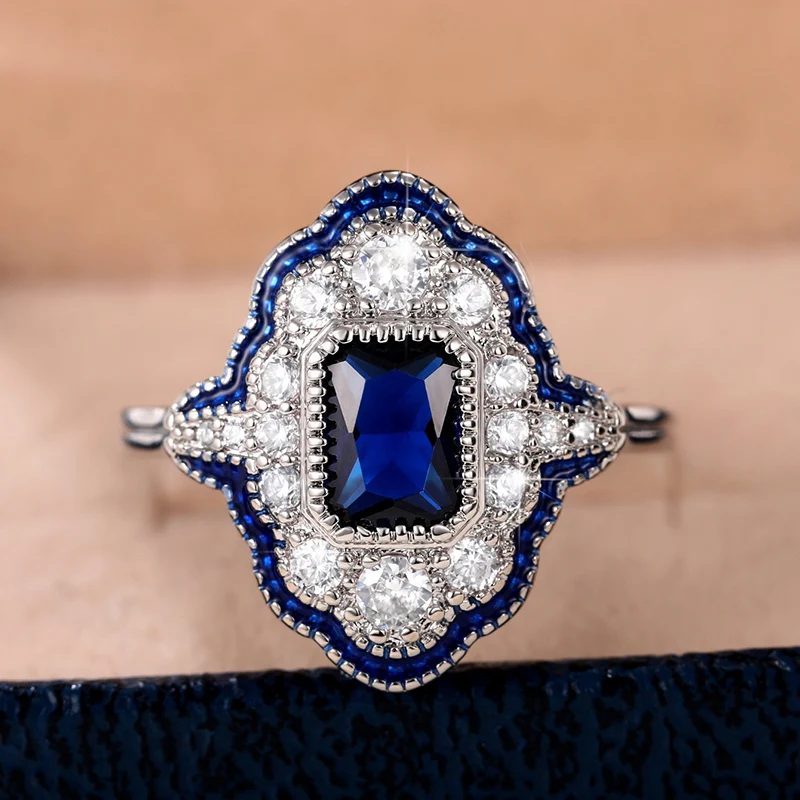 Huitan Retro Blue Rings Women Anniversary Evening Party Dazzling Cubic Zirconia Silver Color Elegant Lady's Ring Vintage Jewelry