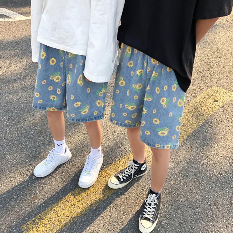 Gmiixder Daisy Denim Shorts Men's 2023 Summer new High Street Capris Women 2025 Techwear Oversize Leisure Beach Pants Unisex Streetwear