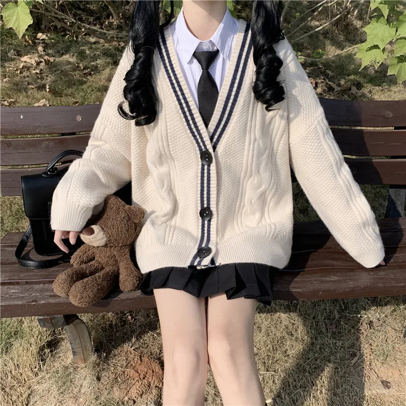 Varsity-Striped Cardigan Sweater for Women Long Sleeve Button-up Knitted Humble Cardigan High School Preppy Style Outfit