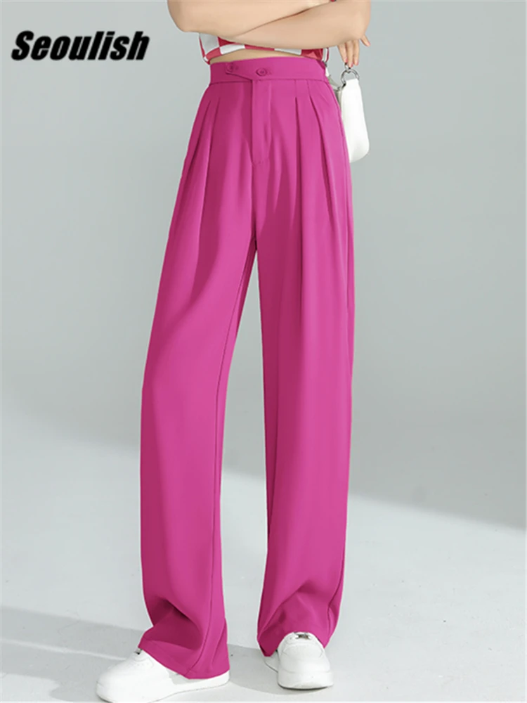 Seoulish new 2022 New High Waist Wide Leg Women's Pants Spring Summer Buttons Female Elegant Minimalism 2025 Straight Loose Trousers