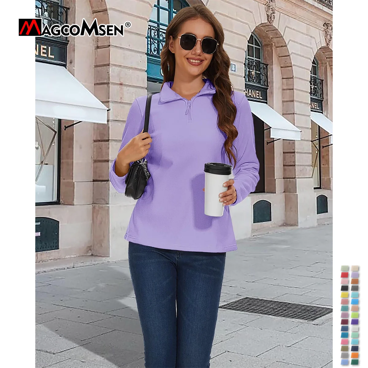 MAGCOMSEN Women's Quarter new Zip Fleece Pullover Sweatshirts 2025 Long Sleeve Ladies Stand Collar Daily Casual Tops Leisure Urbanwear
