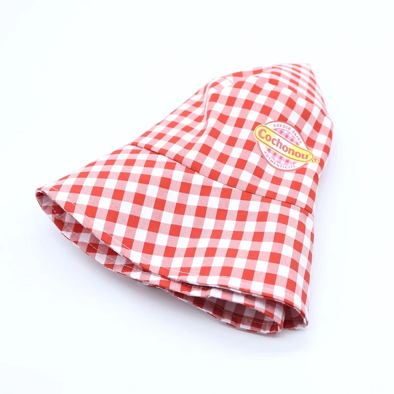 Topi Bob Cochonou kotak-kotak merah cantik wanita, topi ember musim panas dewasa kasual katun reversibel luar ruangan grosir
