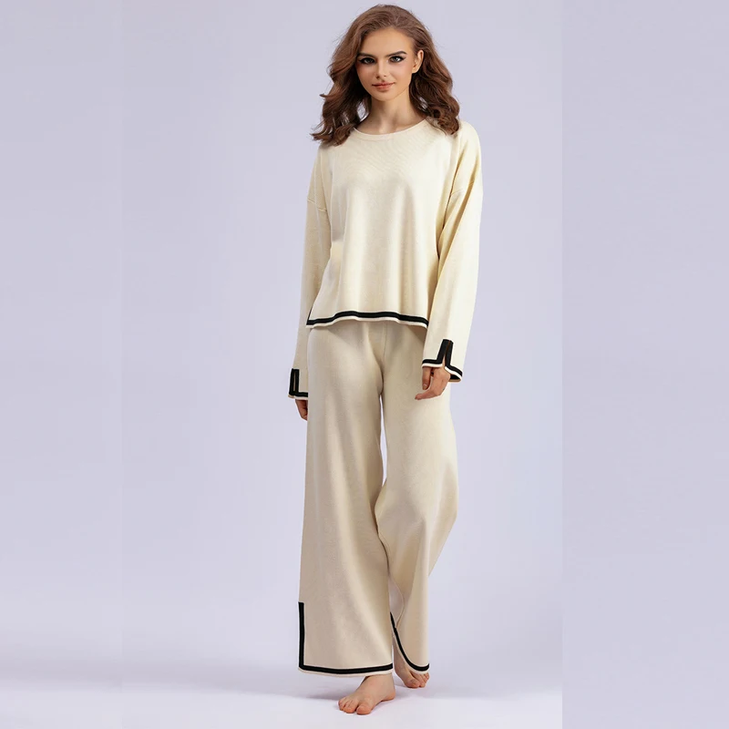 GIGOGOU Color Block Knitted Women Sweater Tracksuits Split Up Woman Pullover Sweater + Wide Leg Pants Suits 2 /Two Pieces Sets
