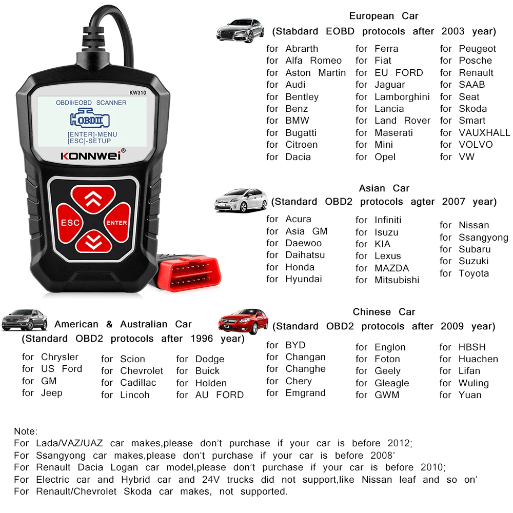 KONNWEI KW310 Car OBD2 Scanner Engine check Read and Clear Fault Code EOBD Car Diagnostic Tools PK ELM327