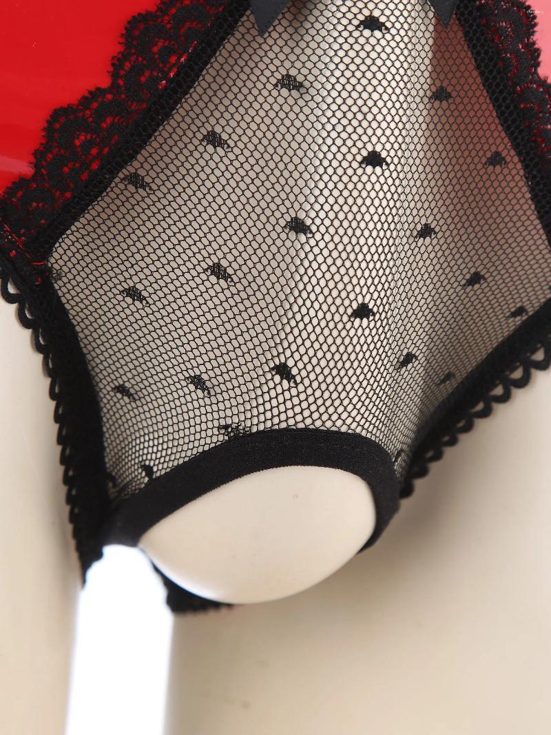 Underpants Mens Lingerie Crotchless Sissy Underwear Sheer Lace Open Crotch Briefs Bowknot Glossy Patent Leather Panties Low Waist Underpant