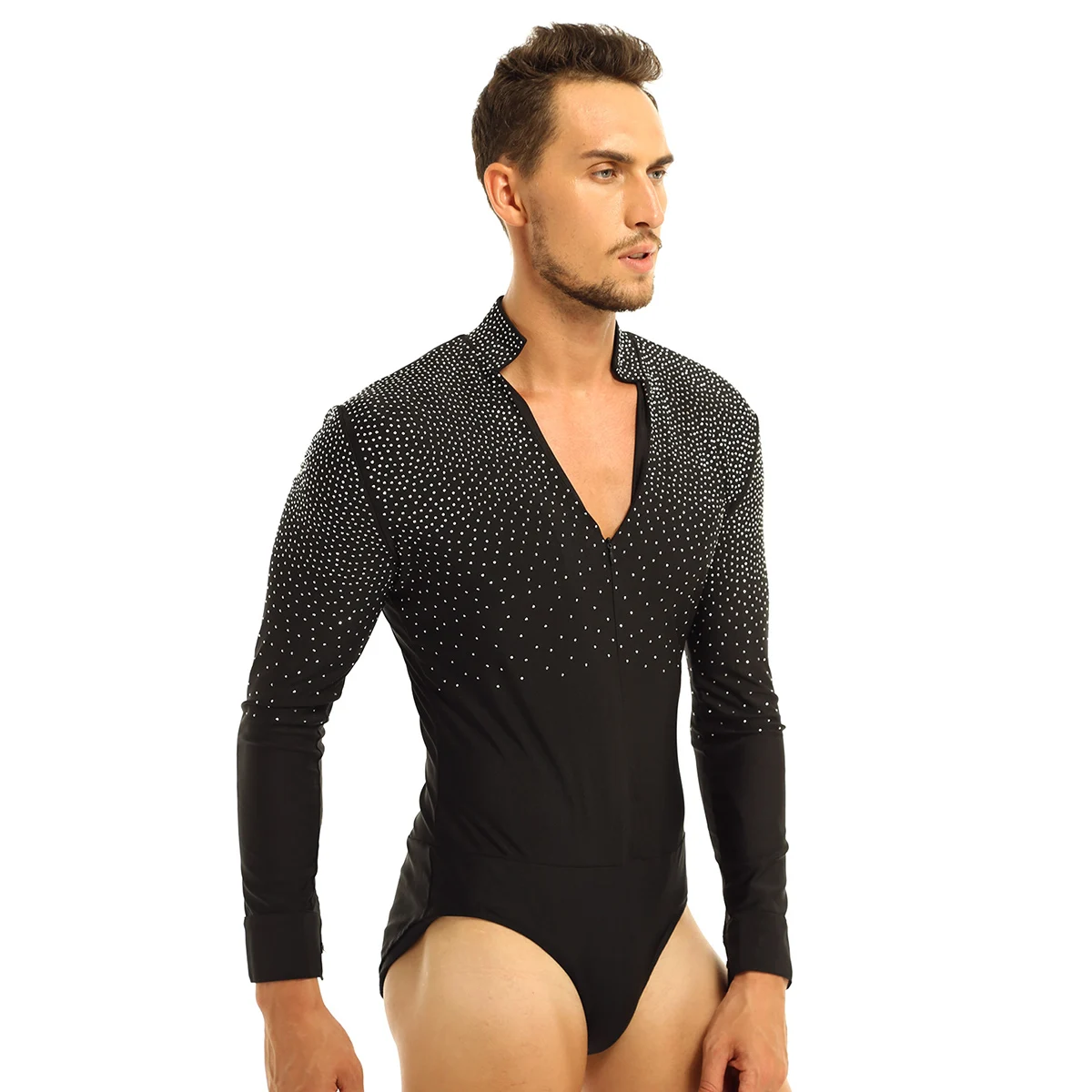 Men Latin Tango Rumba Dance Shirt Gymnastics Leotard Bodysuit Rhinestones Ballroom Dancewear Shirt Top Halloween Costume Outfit