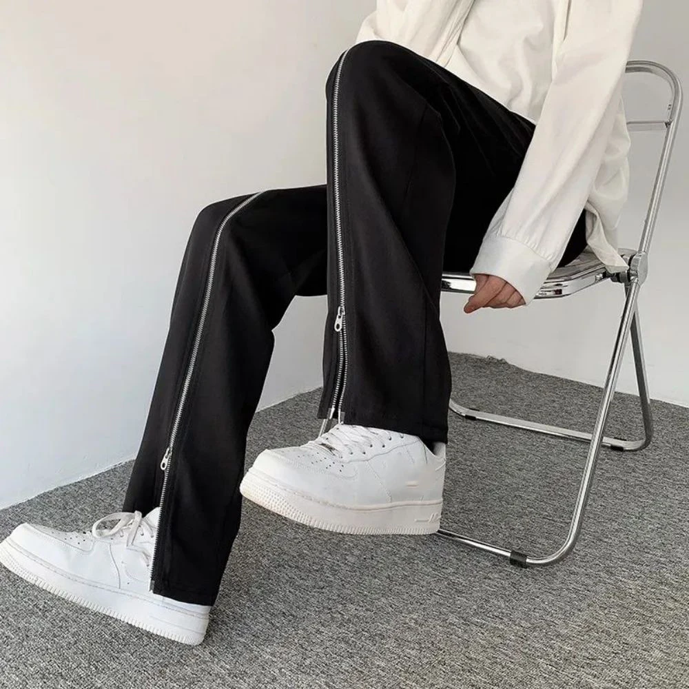 Korean Zipper Design Trendy Men Straight Pants Casual Chic Black Trousers new 2025 Personalized Trendy High Street Male