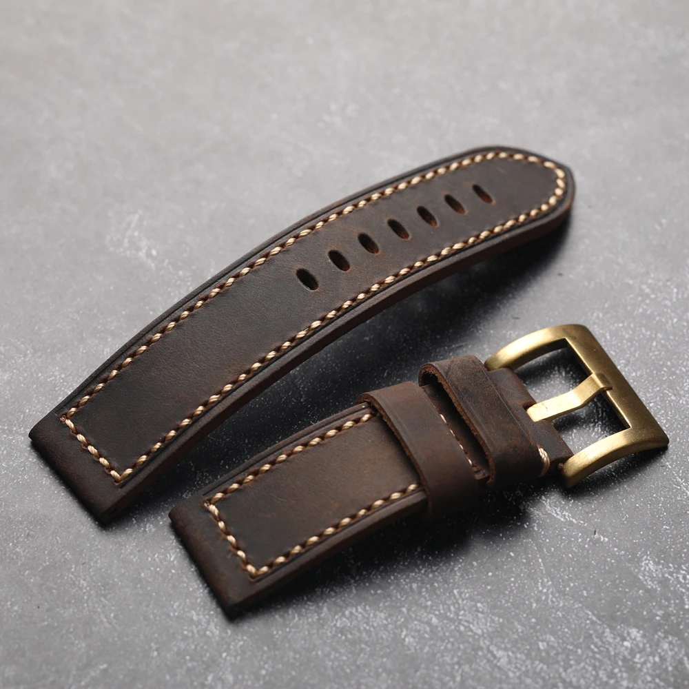 Handmade Crazy Horse Leather Genuine Leather Bracelet 20MM 22MM 24MM 26MM Thick Rugged Style Copper Buckle Men's Watch Strap