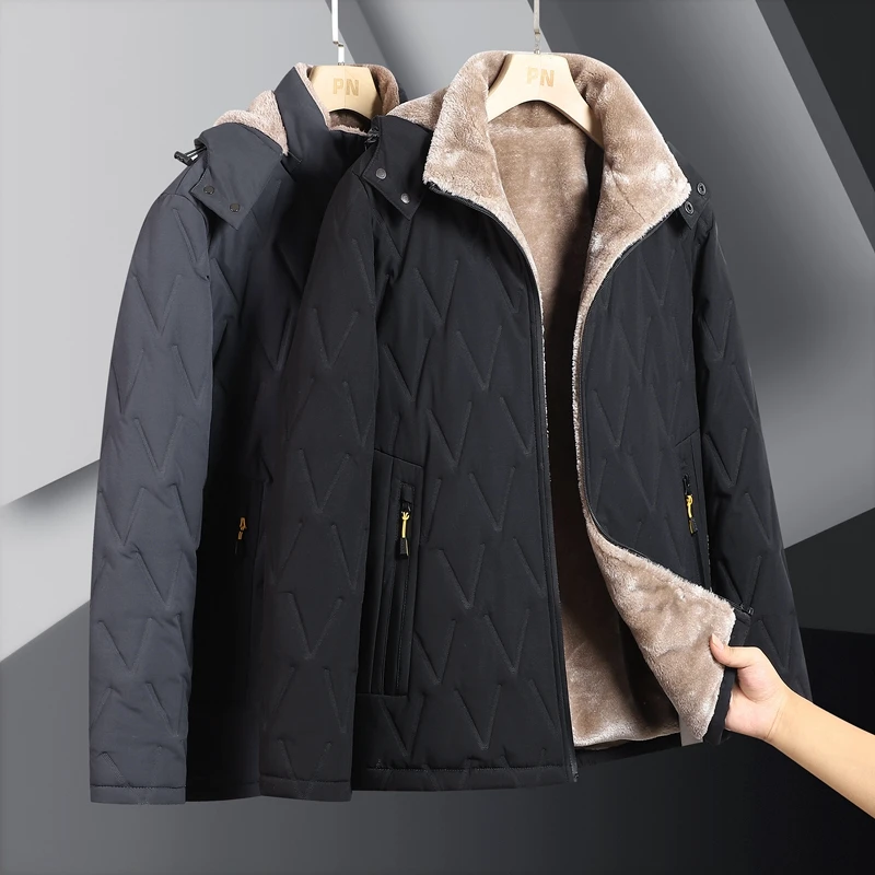 Warm Fleece Winter Jacket For Men New Plus Size hooded Parka Lamb Wool Thick Outerwear 2025 Oversize new with fur Jacket Padded Coat