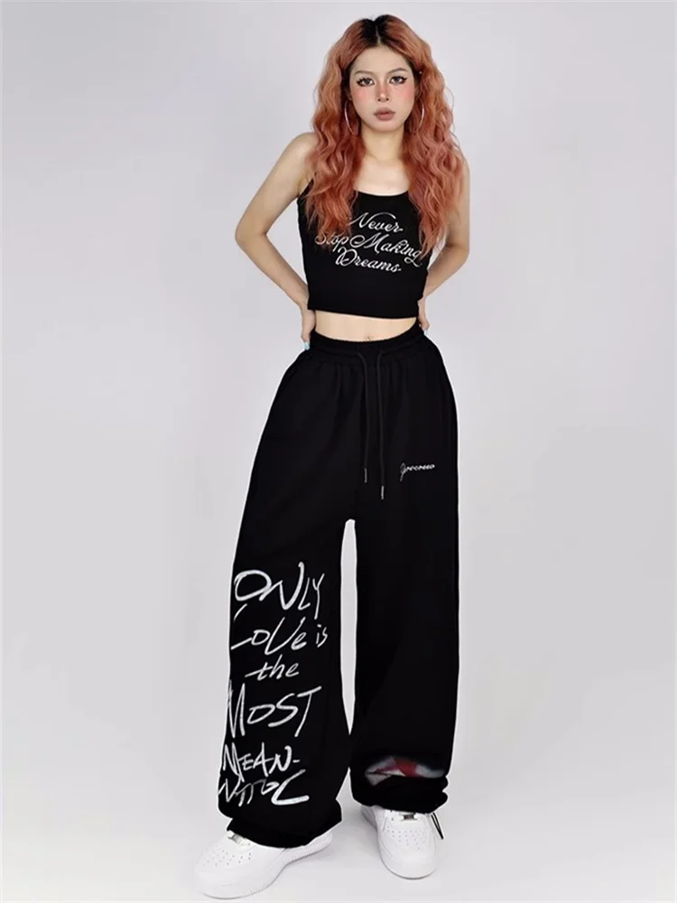 QWEEK Y2K Streetwear White Sweatpants Women Korean Style Letter Print Black Track Pants Oversized Harajuku Kpop Hip Hop Joggers