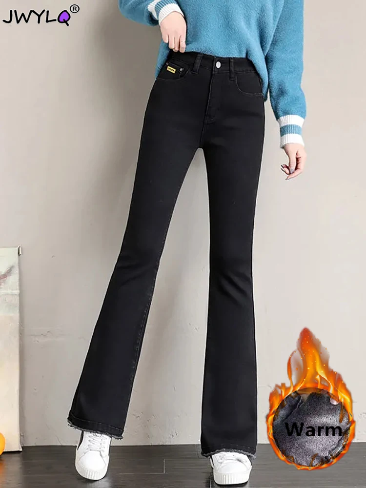 Vintage Plush Lined Flare Jeans Women New Winter Warm Casual Skinny Vaqueros Thicken Stretch Denim Pants High Waist Bell-bottoms