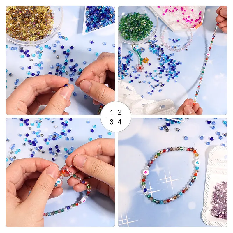 100Pcs 4MM Glass Beads Bicone Shaped Beads Faceted Crystal Beads for for Jewelry Making Bracelet Nacklace Earrings DIY Beading