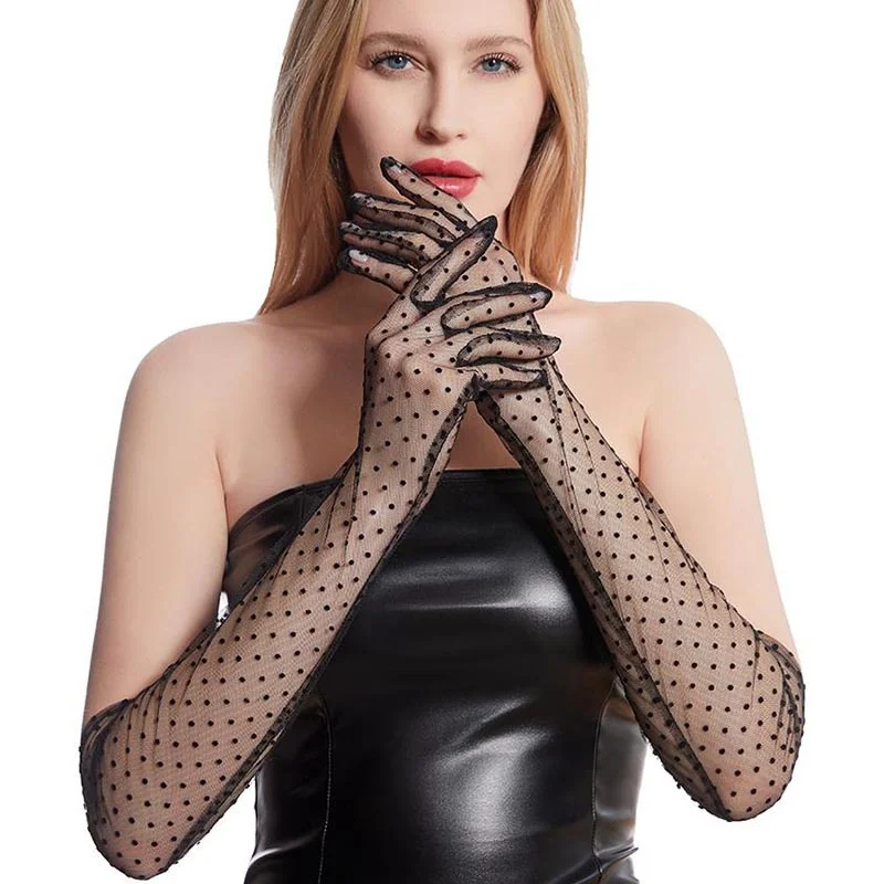 Summer Women Black White Dot Lace Long Tulle Gloves Stretchy Full Finger Transparent Sexy Mittens new Mesh 2025 Bride Wedding Gloves