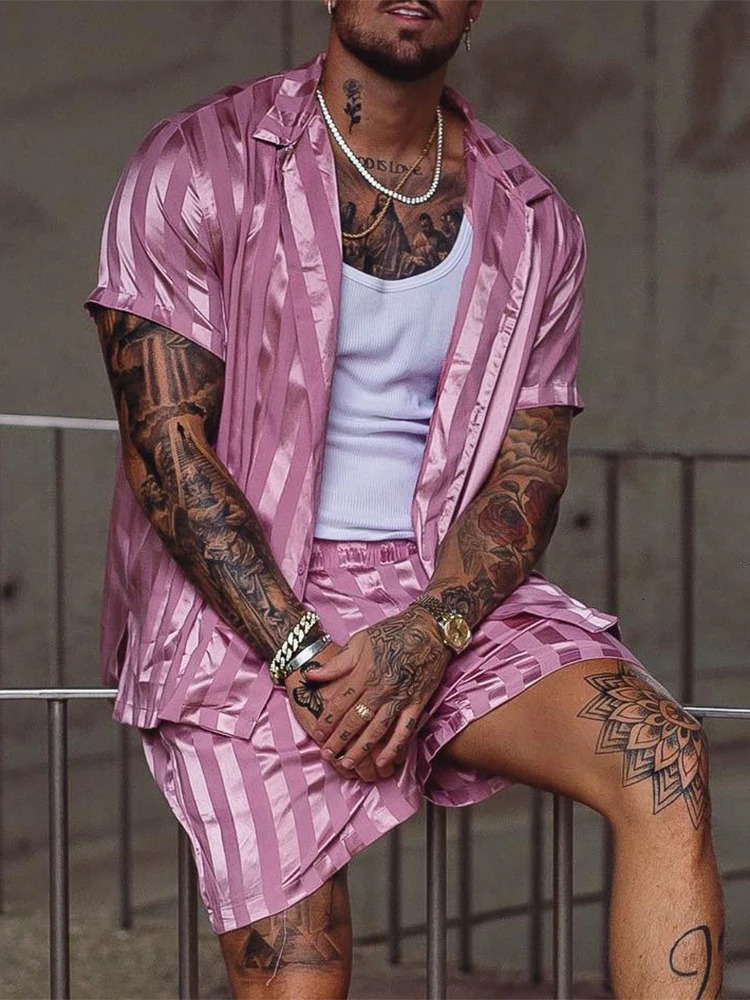 Fashion Leopard Print Two Piece Set Men Beach Style Sexy Buttoned Lapel Shirt And Shorts Outfit Suits Casual Loose Mens Clothes 240321