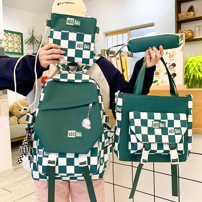 4 In 1 Women Backpack Trendy Plaid School Bag for Girls Large Capacity Waterproof Travel Backpacks Student Bookbags Mochila
