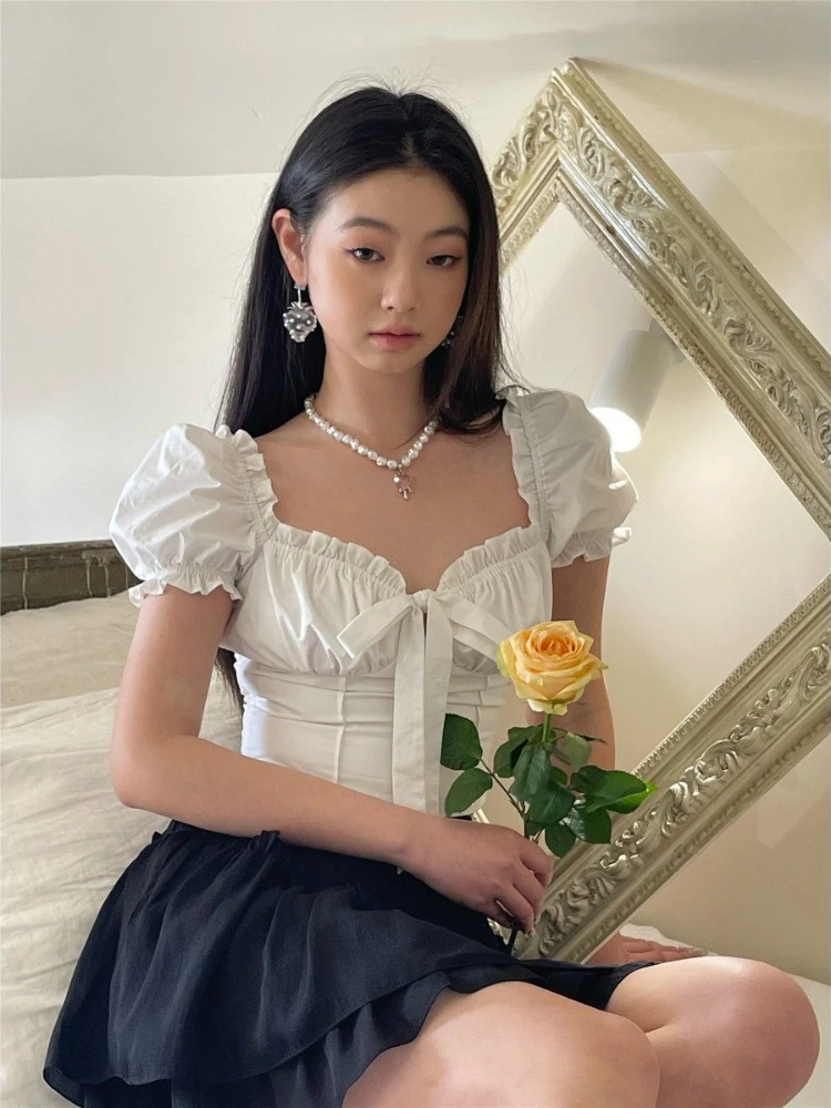 HOUZHOU Kawaii White Blouse Women Sweet Ruffles Puff Sleeve Crop Tops Summer Short Sleeve Casual High Street Korean Fashion