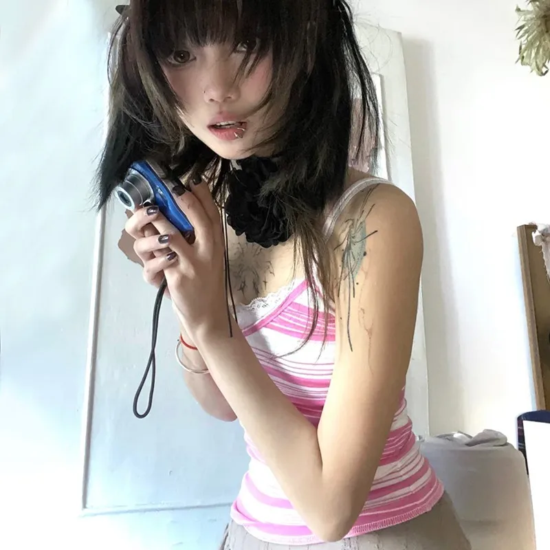 Karrram Y2k 2025 Aesthetics Camisole Japanese Haruku new Cami Top 2000s Kawaii Crop Top Fairycore Pink Striped Tank Top E-girl Grunge