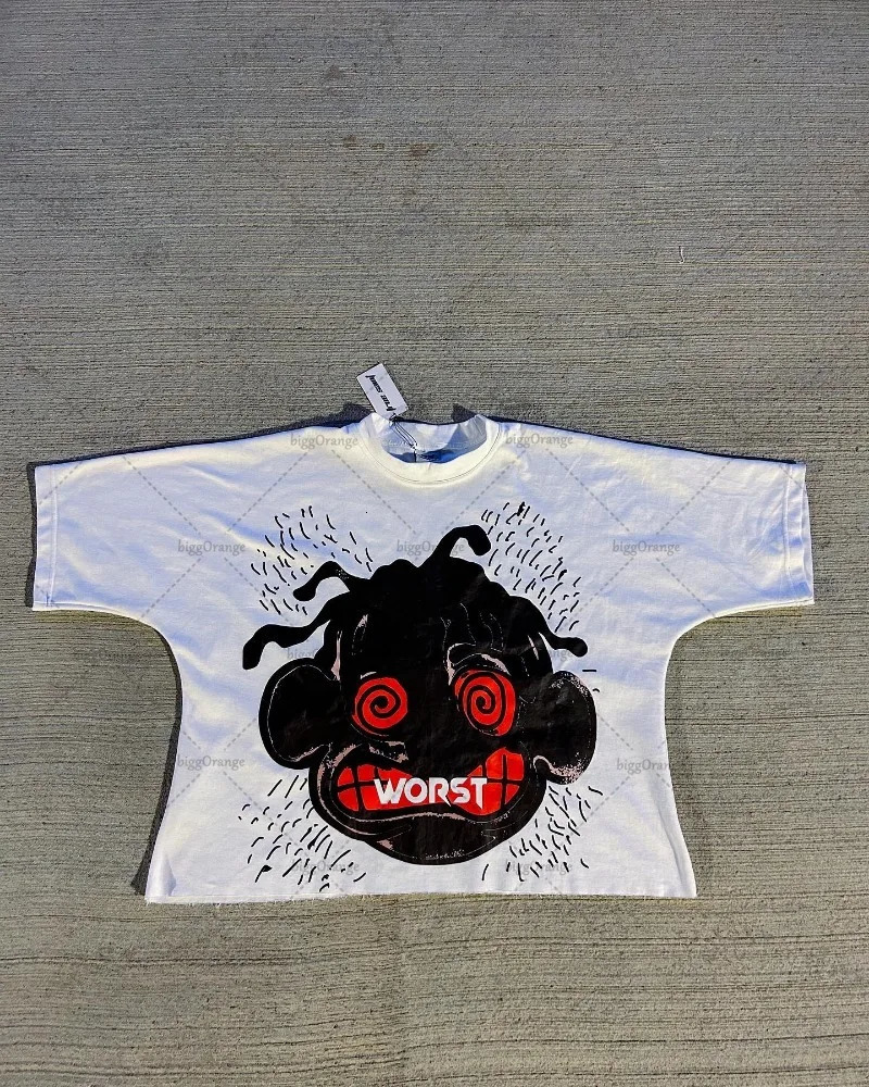 European and American Street Harajuku Punk Loose Top Men Y2k Trendy Cartoon Printed Tshirt Retro Casual Oversized Short Sleeves 240315