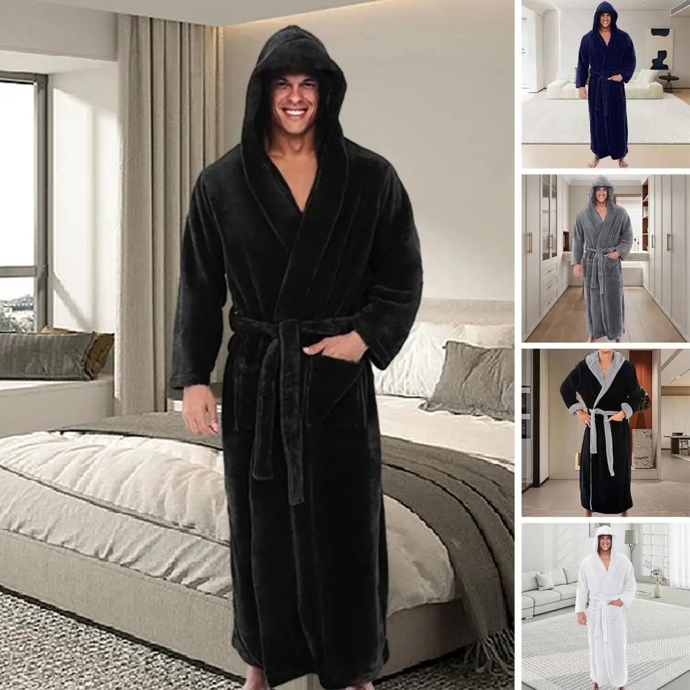 High-quality Bathrobe Super Soft Fluffy Men's Hooded Bathrobe with Adjustable Belt Highly Absorbent Solid Color Design