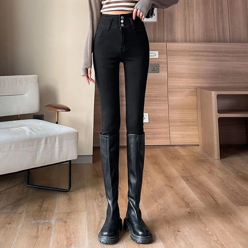 Korean Three Buttons Ankle-length Pencil Denim new Pants Female 2025 Classic High Waist Skinny Stretch Womens Jeans Elegant Denim Pants