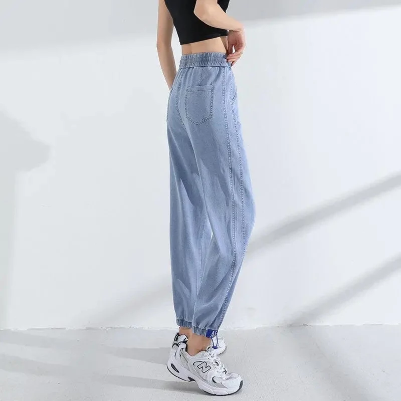 Light 2025 Blue Thin High Waist Harem Pants Spring Summer new Drawstring Loose Ankle-length Denim Trousers Simple Streetwear Women Pants