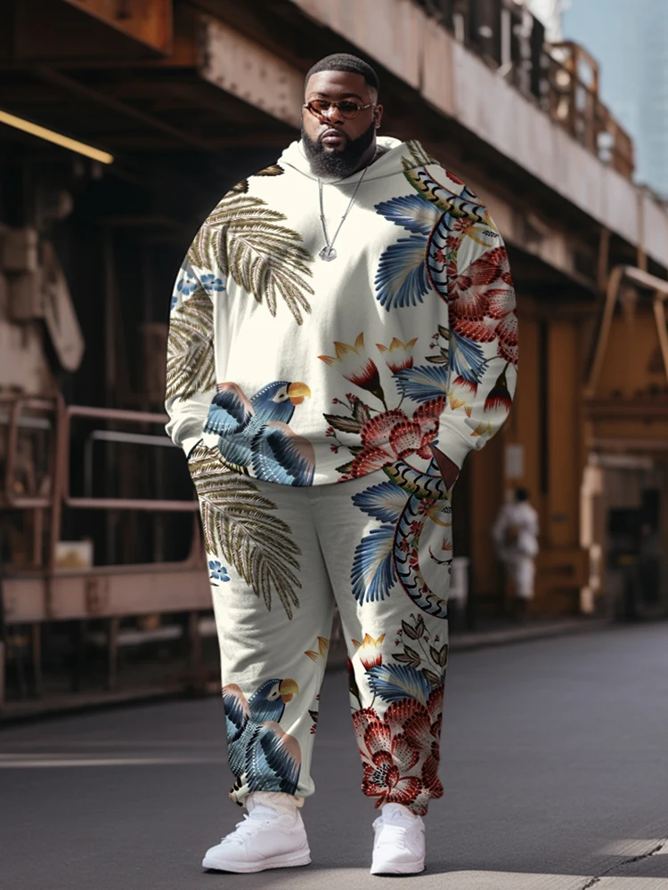 ZOOY (L-9XL) Men's Plus Size Personality Fun Floral Hip Hop Color Block Graffiti Hoodie Sweatpants Set ...