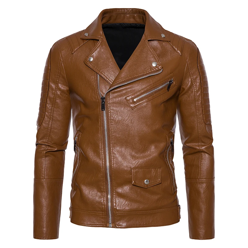 New Mens Leather 2025 Jackets Solid Turn Down Collar Casual Slim Fit Motorcycle Pu Leather Jacket Men Multiple pockets new Zipper Coat
