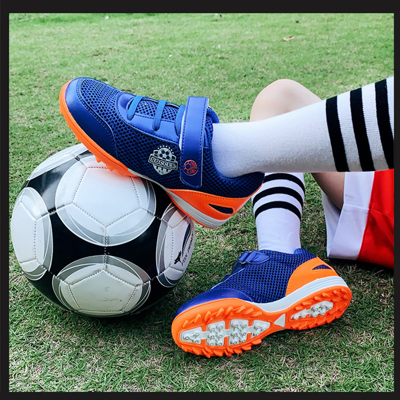 Children Football Shoes Soccer Boots Kids Boy Girl Sneakers New Leather High Top Soccer Cleats Training Outdoor Hook & Loop Mesh