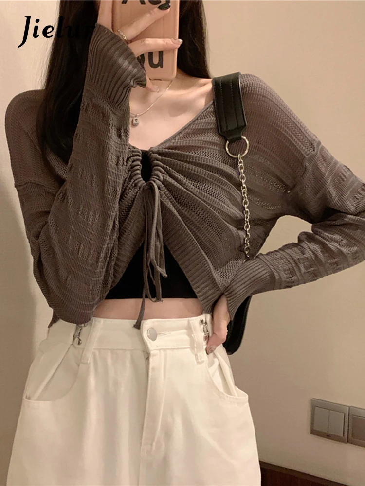 Jielur Autumn New Solid Color Slim Cardigan Woman Sweet Ladies Hollow Out Cardigan Pink White Green Black Knitted Cardigan Women