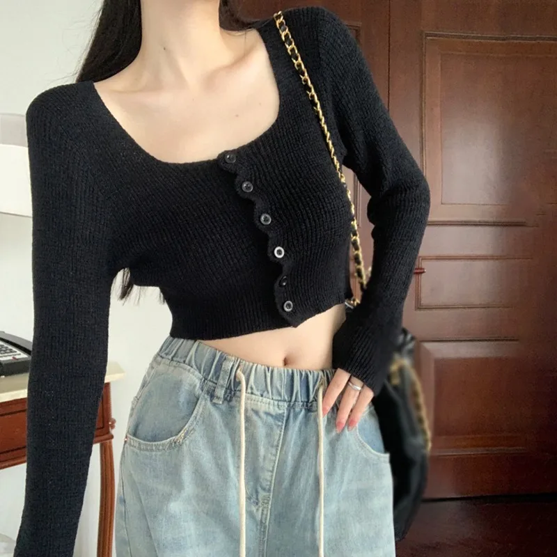 Single-breasted new Long Sleeve Square Neck Solid Color 2025 Short Top Knitted Air Conditioning Shirt Women's Sweater
