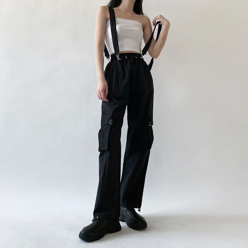 Emo Crop Top Black Cargo Pants Egirl Suit Alt Clothes 2025 Sexy Gothic Overalls T-shirt Techwear Joggers Punk Y2k Sweatpants new Hip Hop