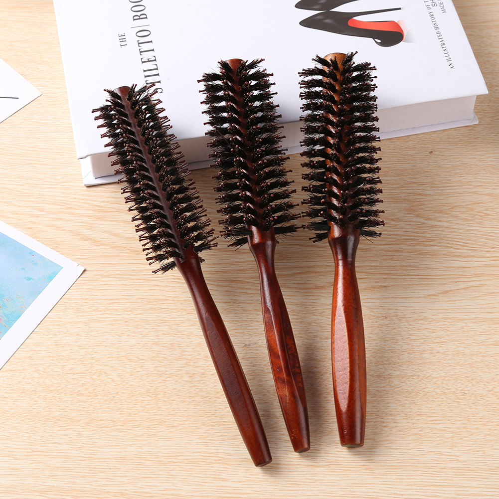 Round Anti-static Curly Comb Twill with Wooden Handle for Hair Styling Curling Tool Portable Bristles Hair Brush Comb