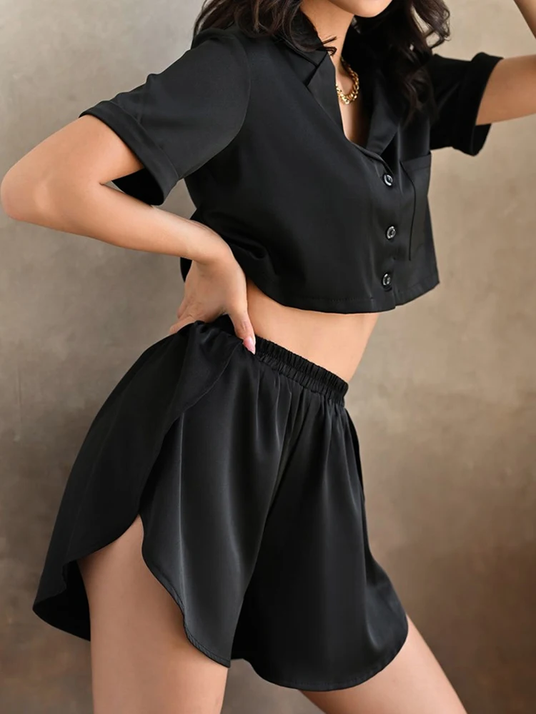 Linad Black Pamas For Women 2 2025 new Piece Sets Loose Short Sleeve Crop Top Female Home Suits With Shorts Spring Casual Sleepwear