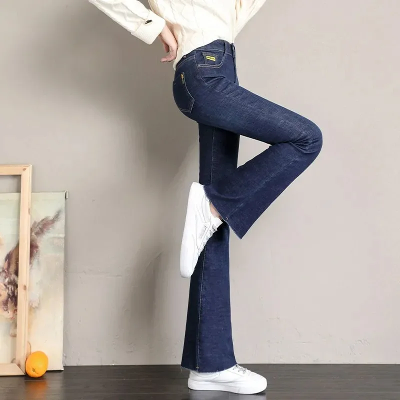 Vintage Plush Lined Flare Jeans Women New Winter Warm Casual Skinny Vaqueros Thicken Stretch Denim Pants High Waist Bell-bottoms