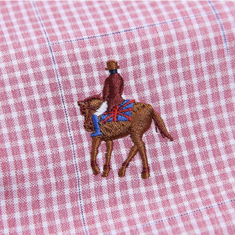 2025 new 2023 Men's Short Sleeve Bamboo Fiber Plaid Stretch Casual Shirts Embroidered Horse Standard-fit Wrinkle Resistant Clothes