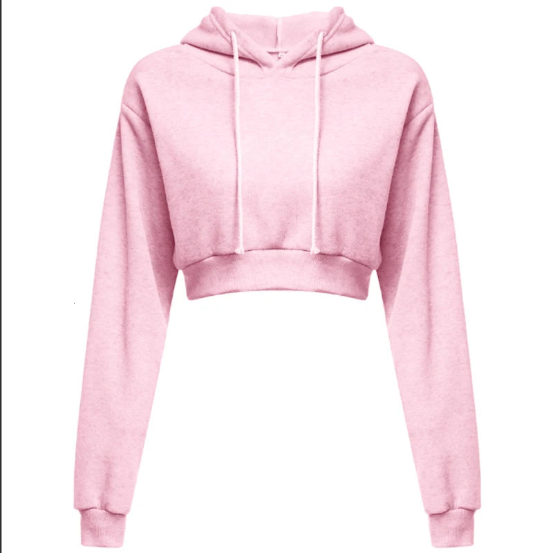 Sporty pullover Long sleeve casual open navel solid hooded Sweatshirt short top Hoodie sweater 240318