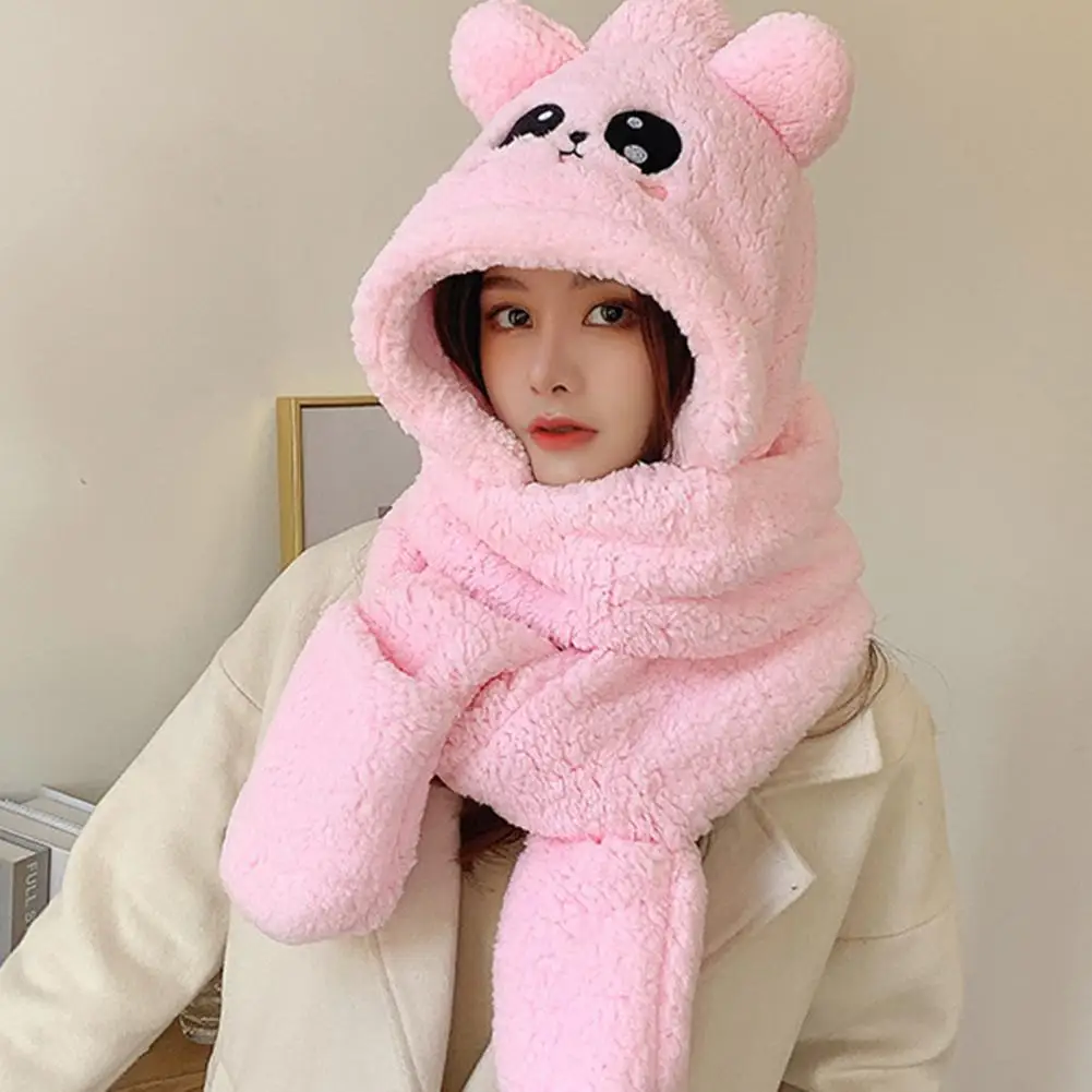 2023 Cute Bear Ear Hat Scarf Gloves Set Winter Women Beanies Caps Warm Casual Plush Hats 2025 new Casual Solid Fleece Girl Kawaii Gloves