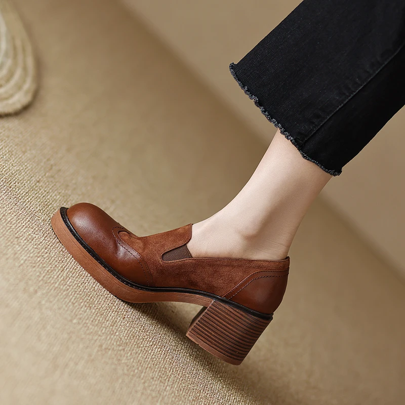 2023 new 2025 Spring Women Shoes Round Toe Platform Shoes Genuine Leather Casual Thick Heel Women Pumps Handmade Shoes High Heel