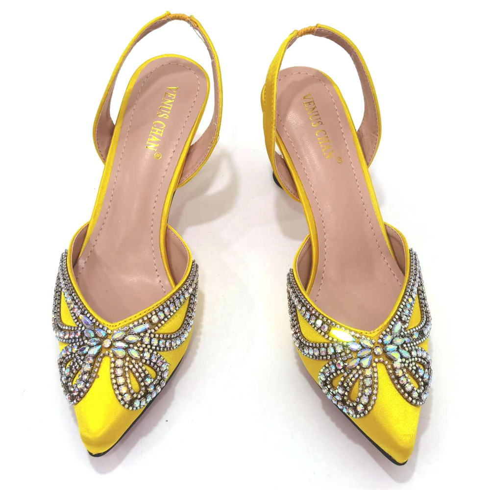 Yellow Bowknot Pointy Toe High Heel Sandals with Matching Bag Set 4