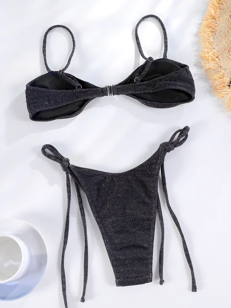 Rinabe Black Swimsuit Shiny Bikini Sexy Swimwear Women String Bathing Suit Brazilian Bikini Solid Color Beachwear