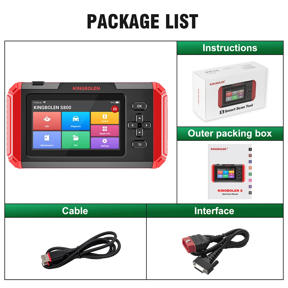 KINGBOLEN S800 OBD2 Scanner 4 Systems Car Diagnostic Tools ABS SRS ECM TCM 15 Resets Oil Brake SAS ETS Resets Lifetime Free Use
