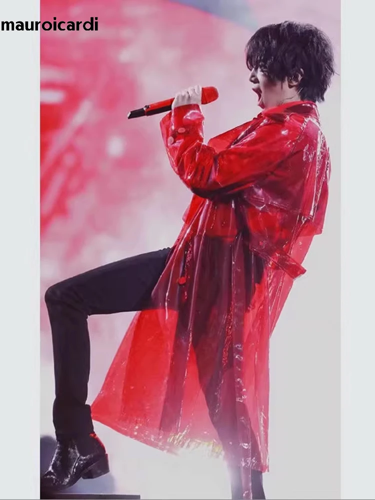 Mauroicardi Spring Autumn Cool Long Red Transparent Faux Leather Trench Coat Men Double Breasted Luxury Designer Emo Clothes