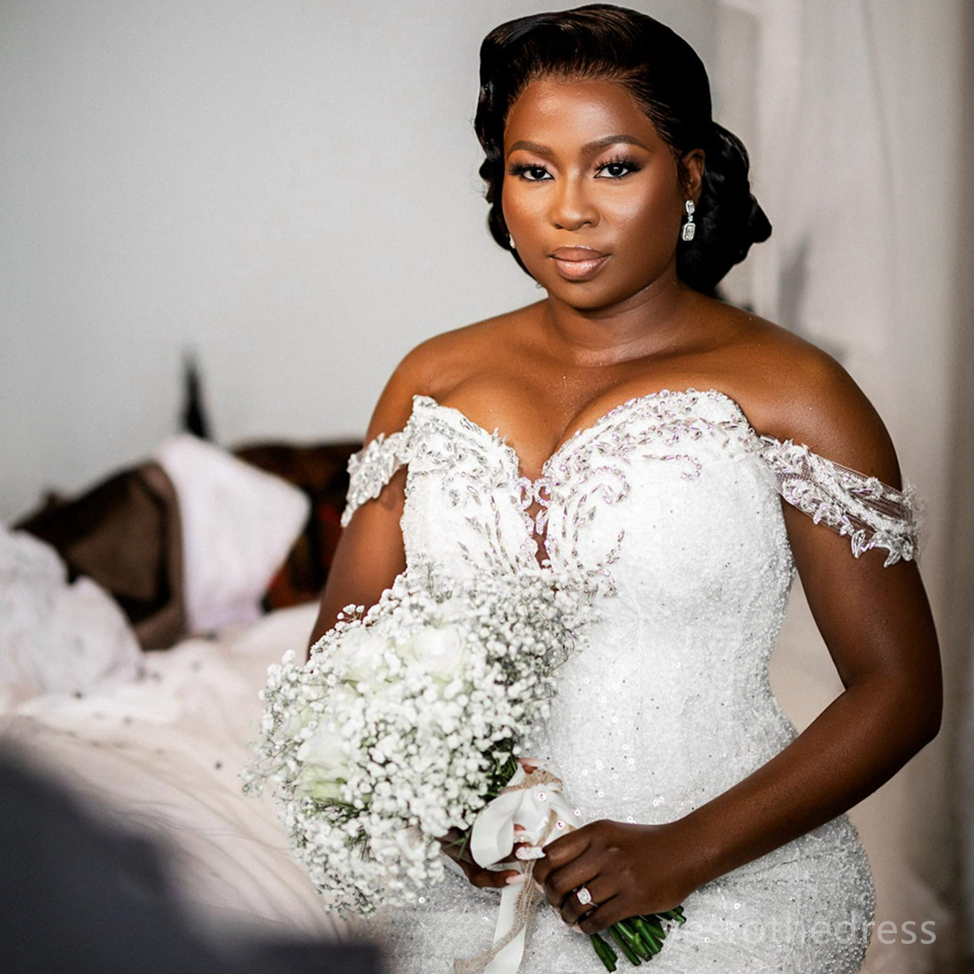 R&W 2024 Mermaid Plus Size Dresses Bridal Gowns Off Shoulder Appliqued Beaded Lace Tiered Tulle Wedding Gown for African Black Women Bride Girls D213