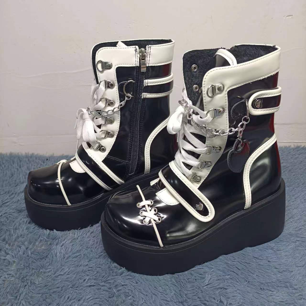 Boots Woman Lolita Shoes Winter 2023 Platform Heels Women's Mid Calf Booties Gothic Pink Cute Chain JK Cosplay Japanese Style