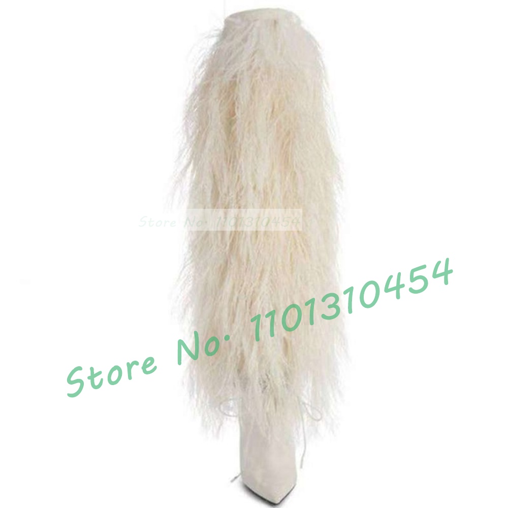 Black Fur Knee-length Boots Women Sexy Pointy Toe High Heels Furry Suede Shoes Outfit Ladies Trendy Party Warmly Winter Shoes
