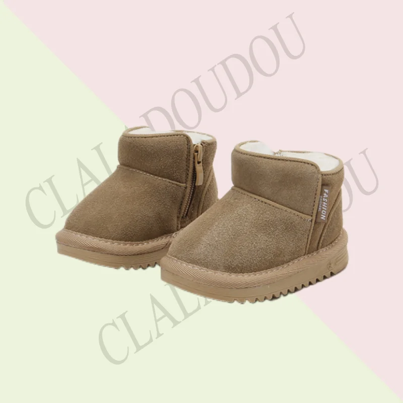 Brand Genuine Leather Kids Snow Boots For Boys Girls Solid Suede Zip Ankle Boots With Thick Plush 0-3years Toddler Winter Shoes