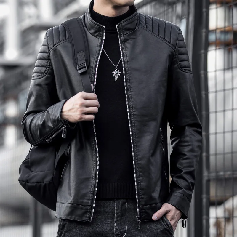 2023 Moto Pu Leather Jacket Men Winter Leahter Jacket new Male Stand Collar Casual Windbreaker Trendy 2025 Mens Clothing Black Blue