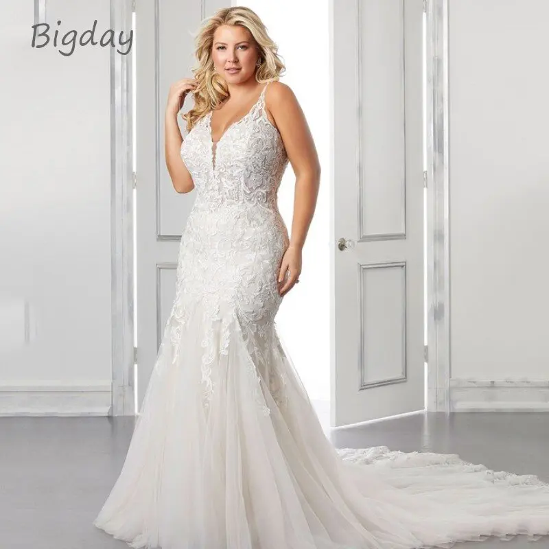 Elegant Mermaid Wedding Dresses Women 2024 Plus Size White Open Back V-Neck Tulle Spaghetti Straps Bridal Gown Vestidos De Novia