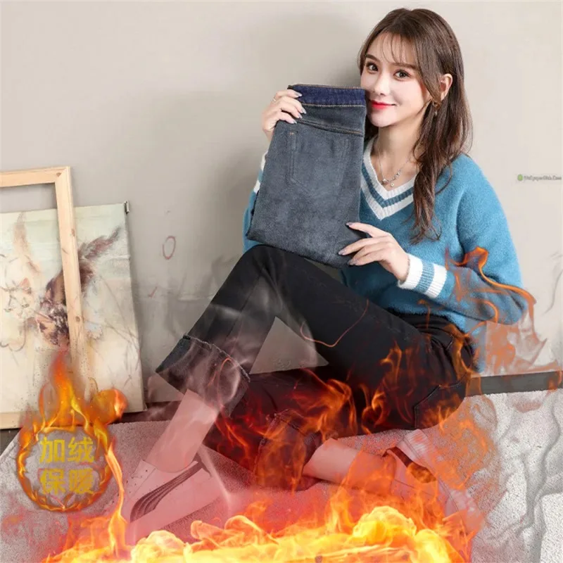 Vintage Plush Lined Flare Jeans Women New Winter Warm Casual Skinny Vaqueros Thicken Stretch Denim Pants High Waist Bell-bottoms
